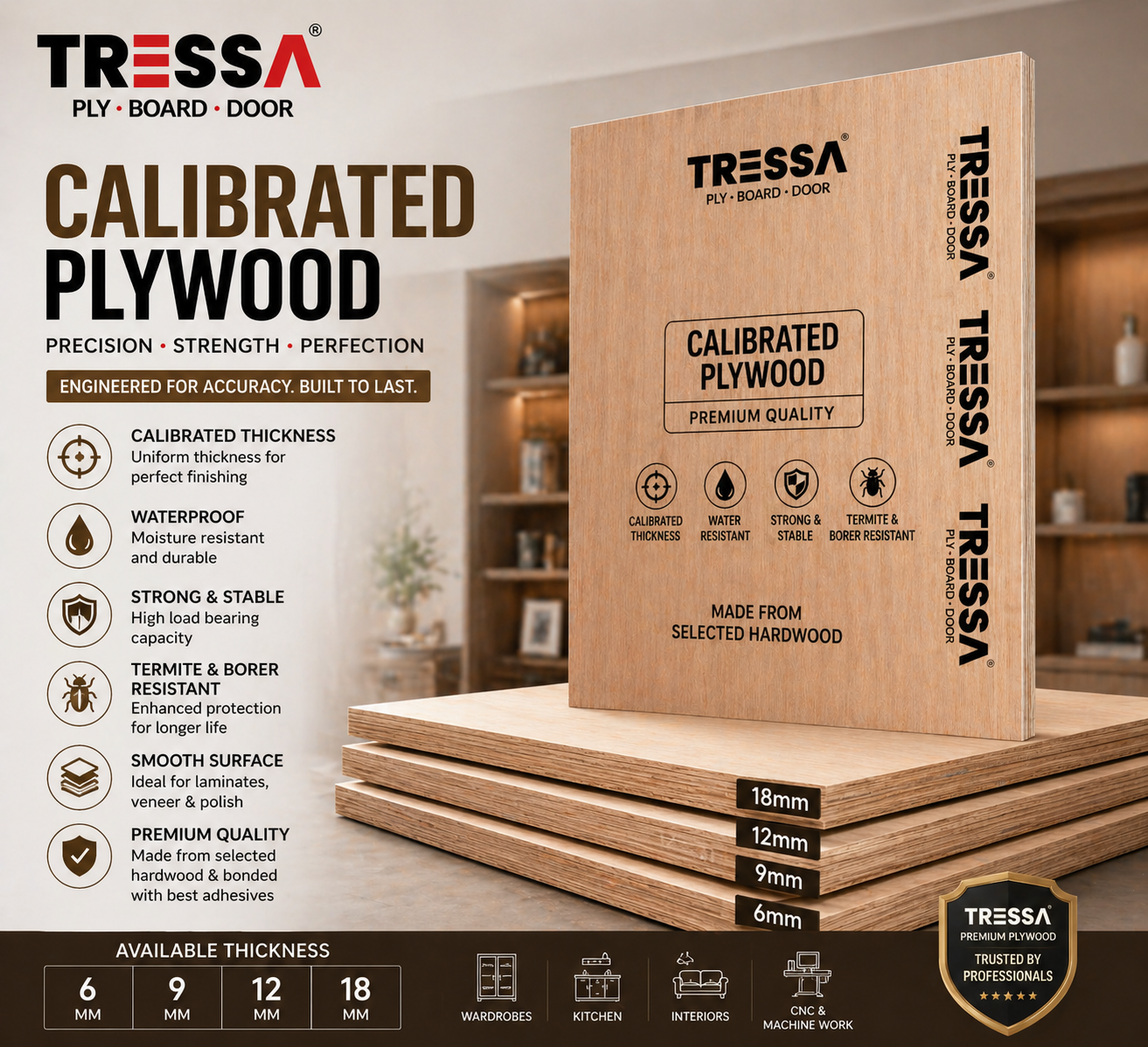 Tressa calibrated plywood packaging with product details on a wooden surface.