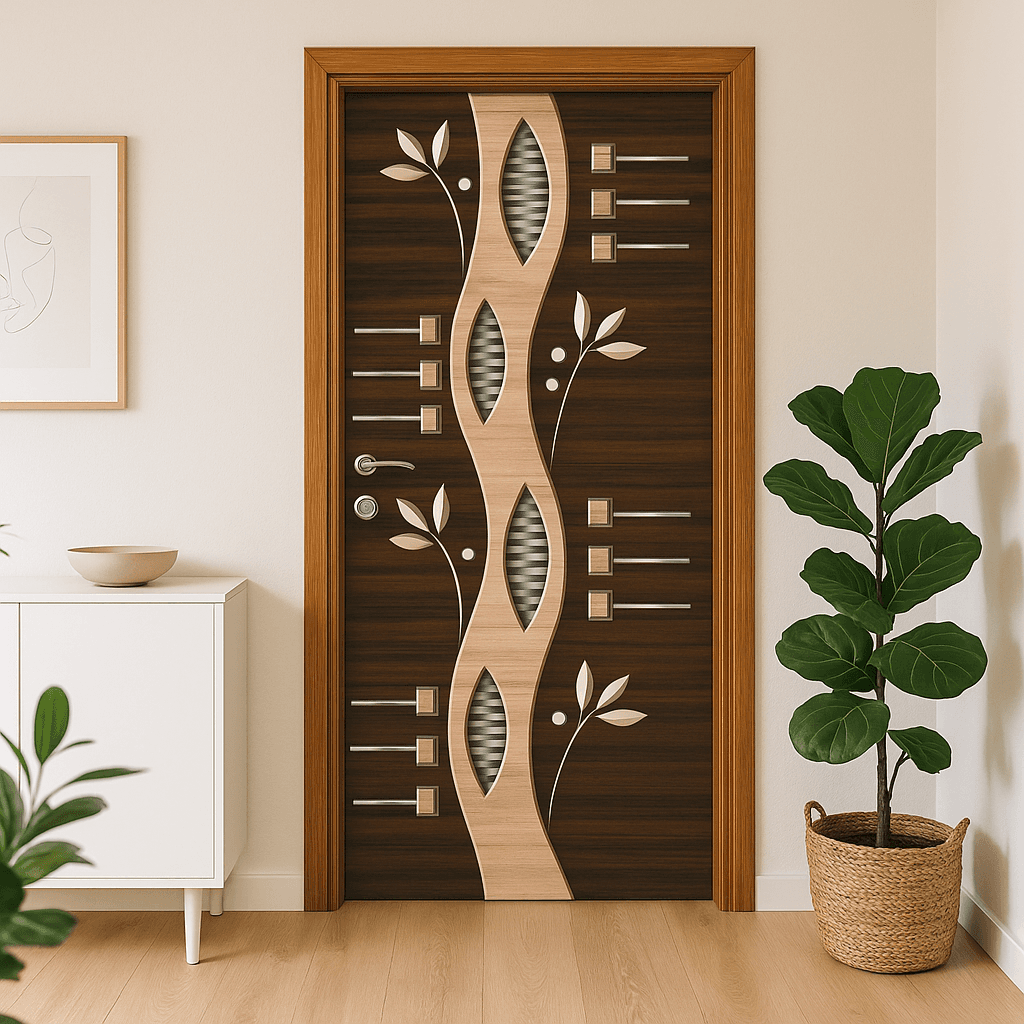 Designer Wooden Door with Wavy Center Panel and Metallic Inlays.