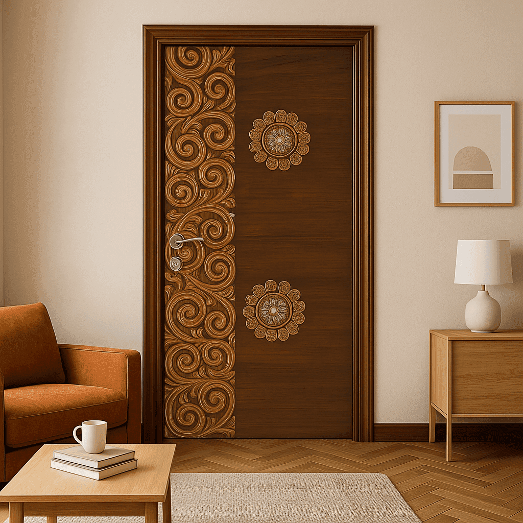 Floral Spiral Carved Door in Walnut Finish – Artistic Designer Door by TRESSA®.