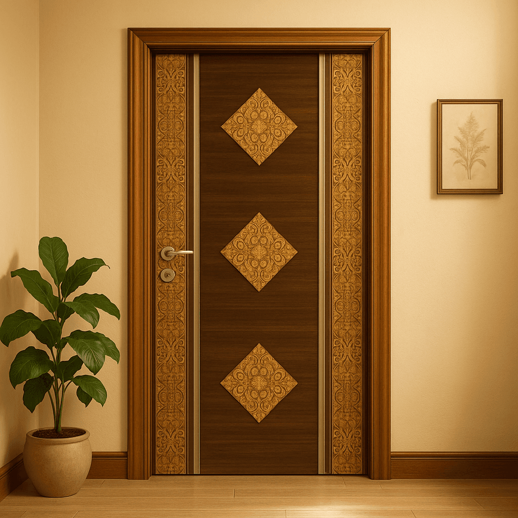 Premium Wooden Door with Traditional Golden Panel Design.