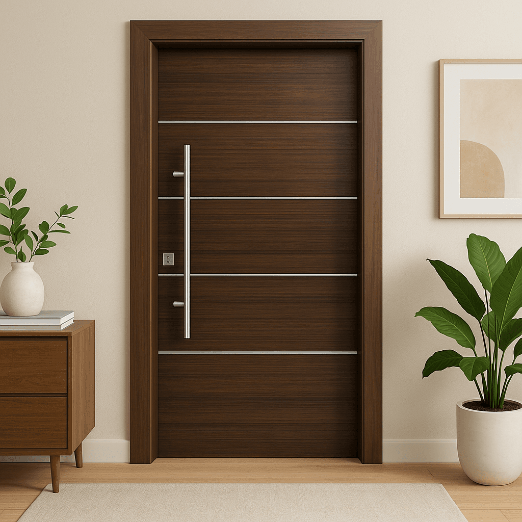 Tressa Modern Door - Dark Wood with Horizontal Metal Strips.