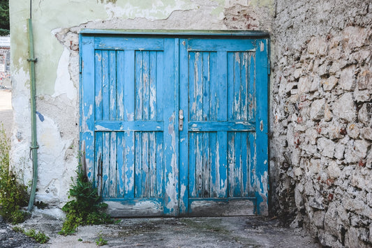 blue wooden panel doors closed
