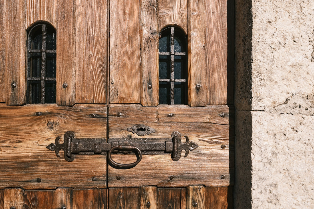 a wooden door with a window