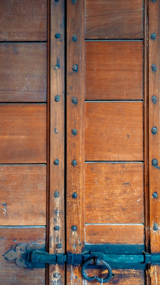 a close up of a wooden door with metal handles