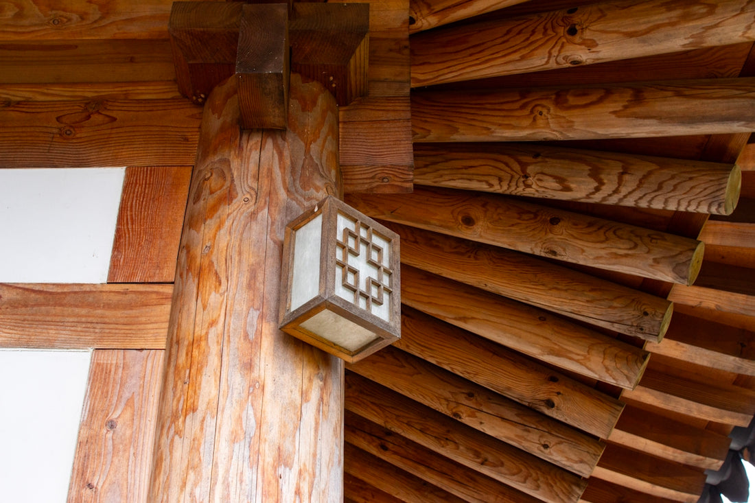 Traditional wooden lantern hanging on a post.