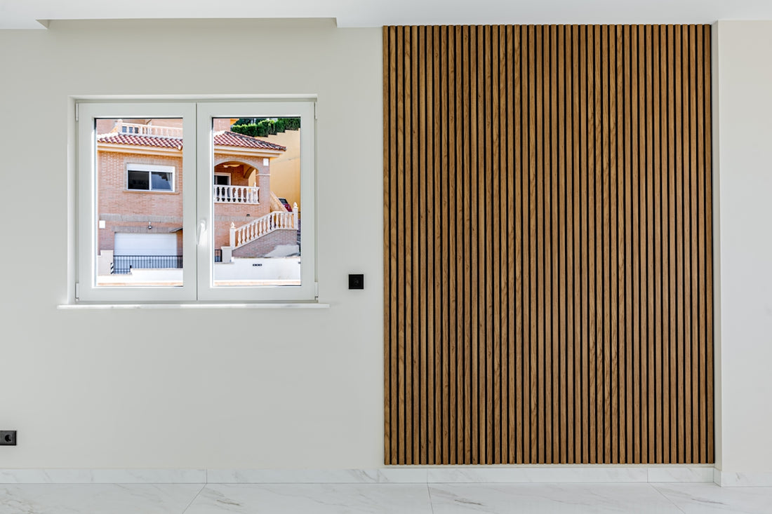 Modern room with wood paneling and window