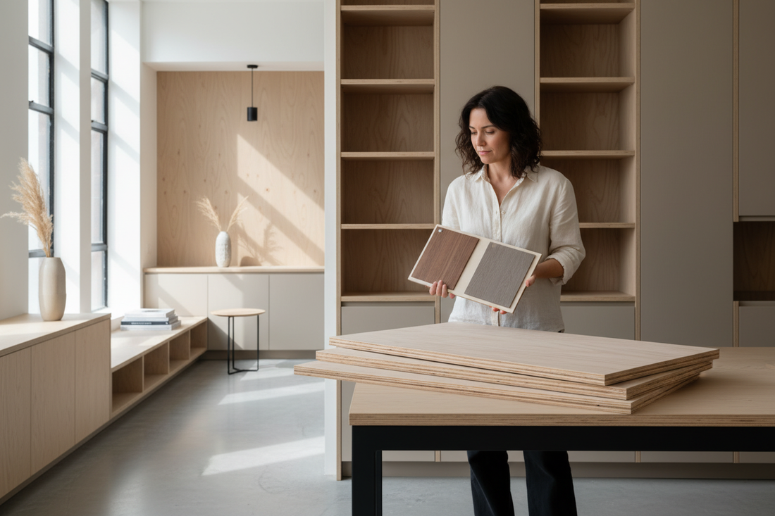 Modern interior designer reviewing 18mm plywood samples for custom shelving and cabinetry projects