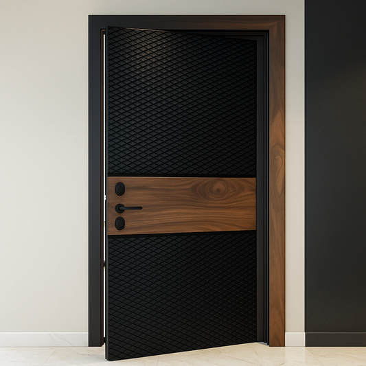 Black metal door with wooden panel and geometric pattern on a white wall.