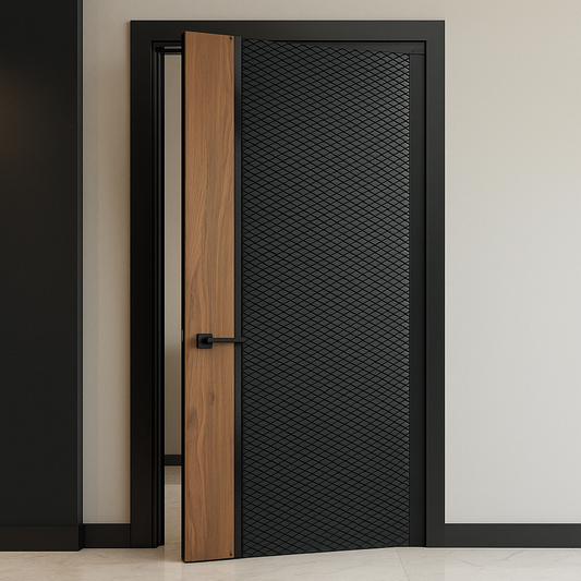 Modern interior door with black textured design and wooden panel