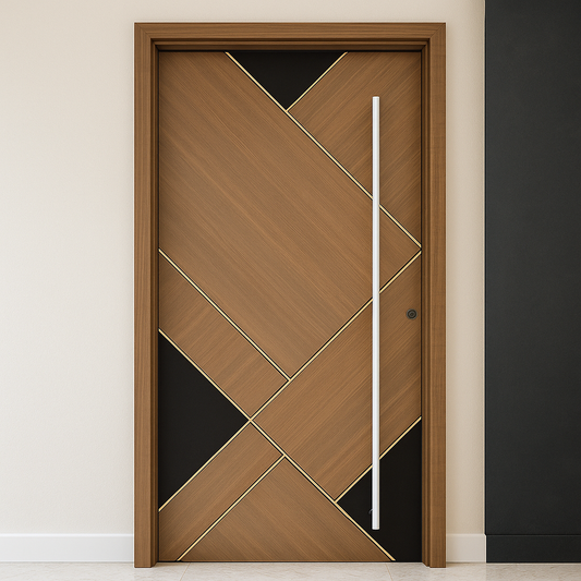 Wooden door with geometric design and black panels on a plain wall.