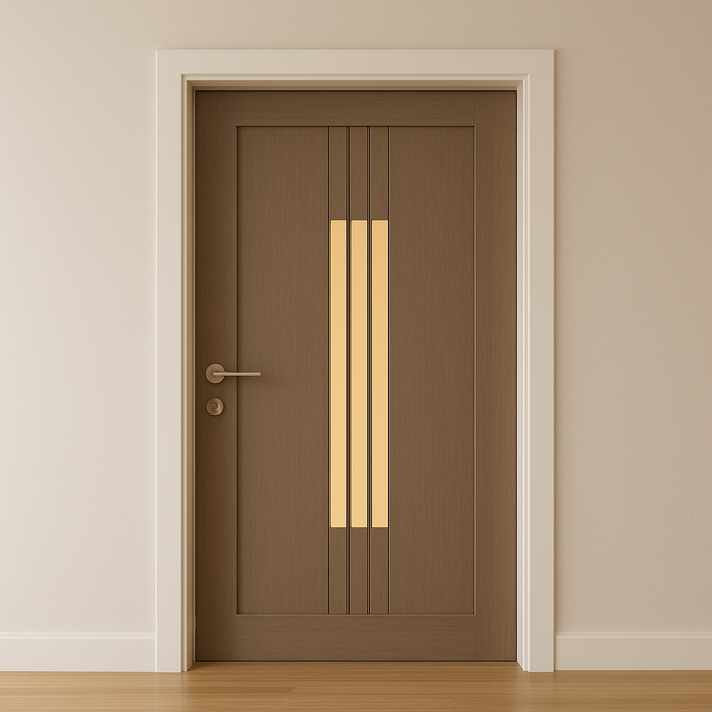 Brown door with gold accents on a beige wall