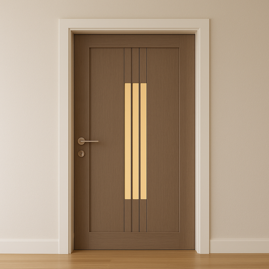 Brown door with gold accents on a beige wall