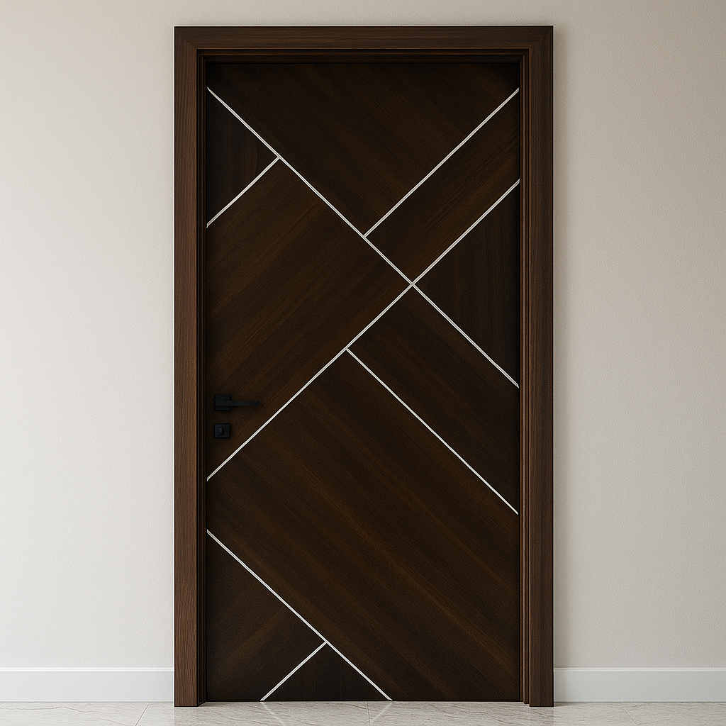 Dark wooden door with geometric design on a plain wall