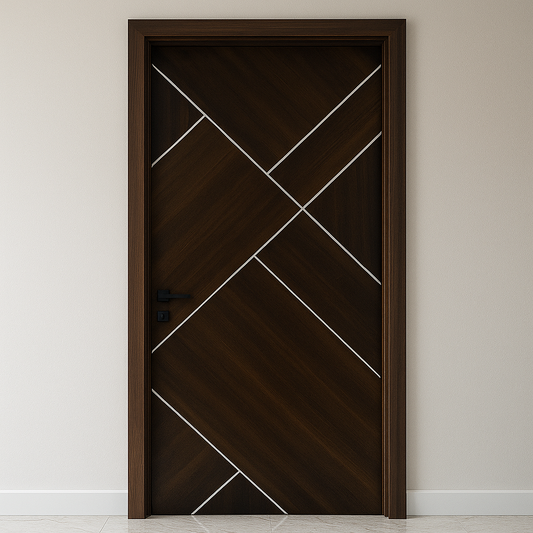 Dark wooden door with geometric design on a plain wall
