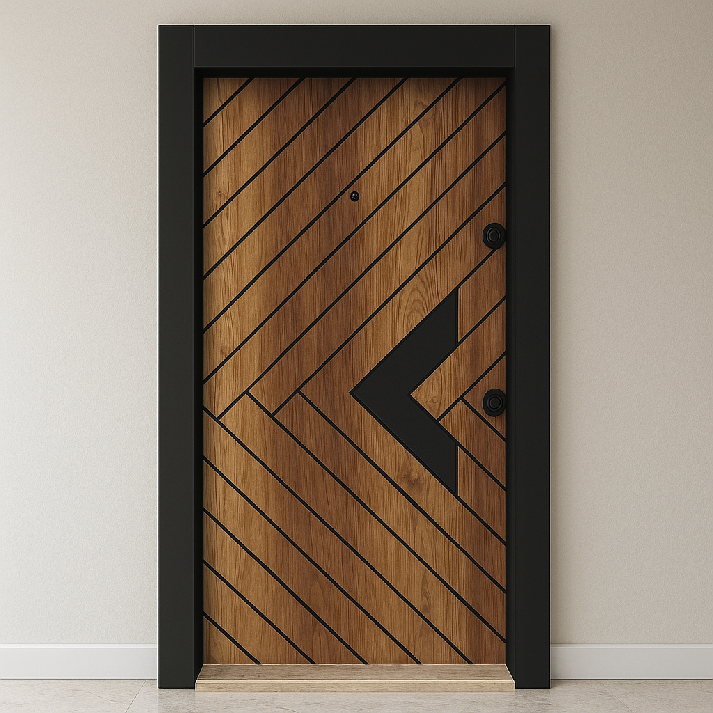 Wooden door with black frame and geometric design on a beige wall.