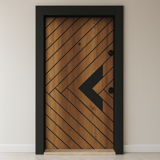 Wooden door with black frame and geometric design on a beige wall.