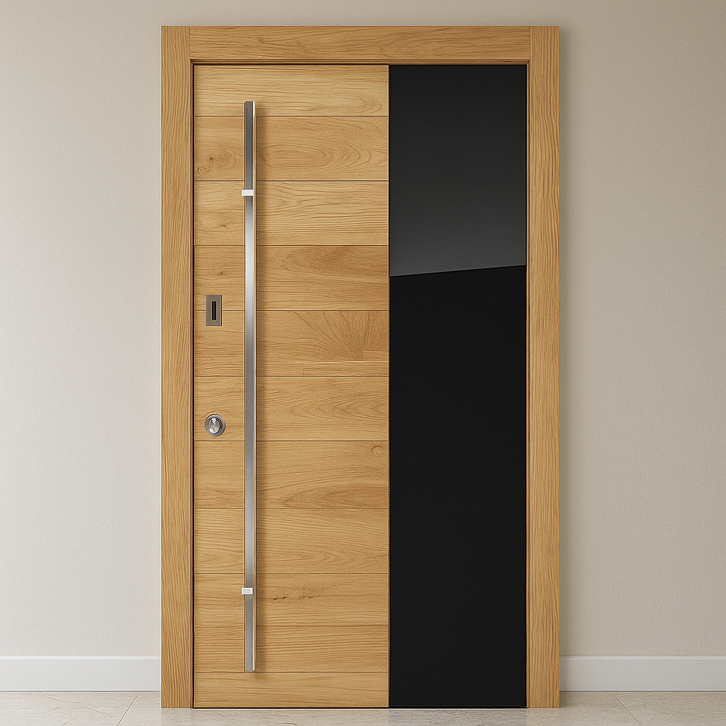Wooden door with a black panel and silver handle on a beige wall.