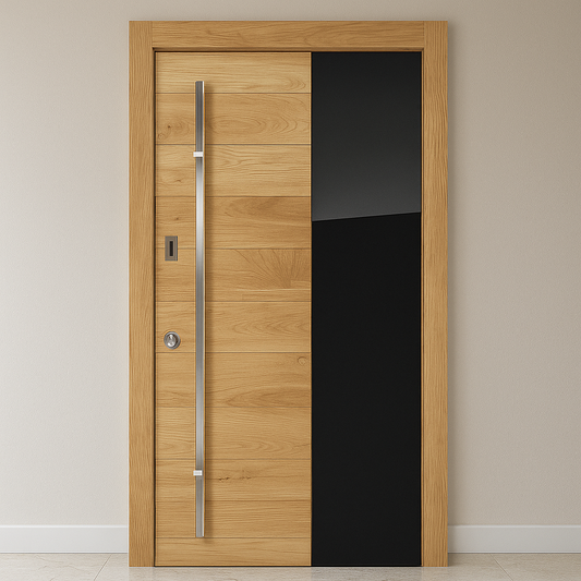 Wooden door with a black panel and silver handle on a beige wall.