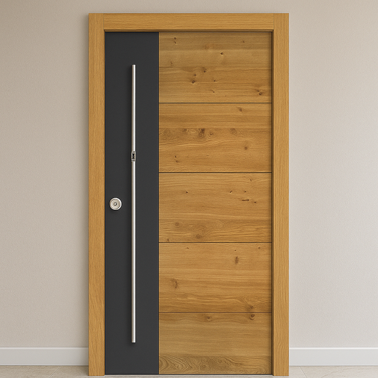 Wooden door with a black panel and silver handle on a beige wall.
