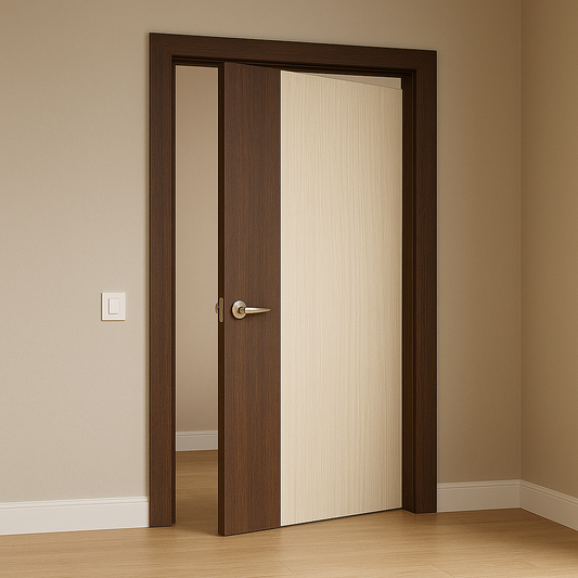 Wooden door with a white panel in a room with beige walls and wooden floor.