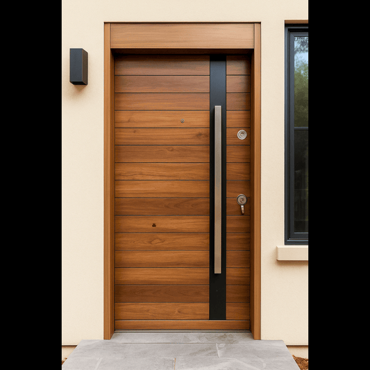 Modern wooden door with a metal handle on a house exterior.