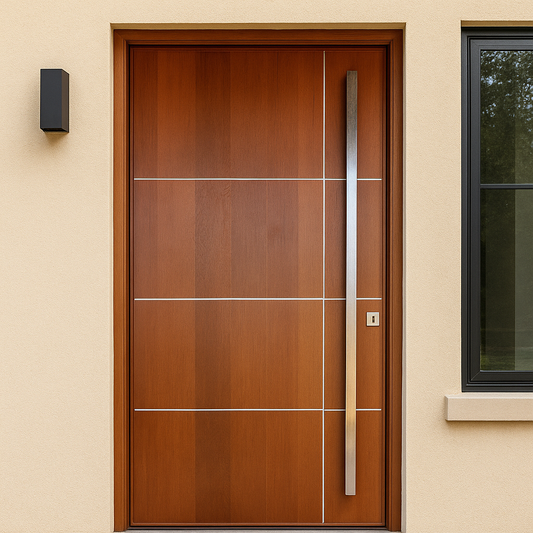 Wooden front door with a metallic handle on a beige wall.