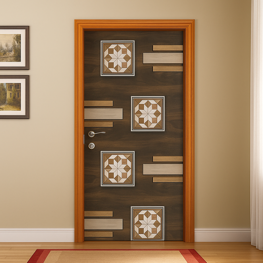 Decorative wooden door with geometric patterns in a room with beige walls and a rug.