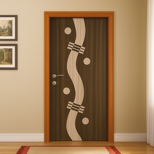 Wooden door with decorative design in a room with beige walls and a wooden floor.