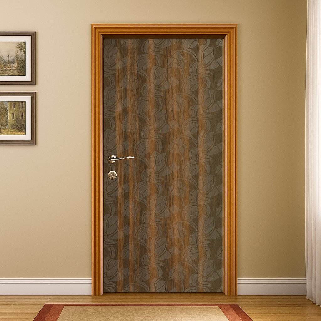 Decorative door with leaf pattern in a room with beige walls and wooden floor.