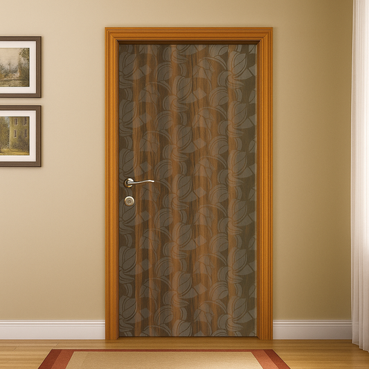 Decorative door with leaf pattern in a room with beige walls and wooden floor.