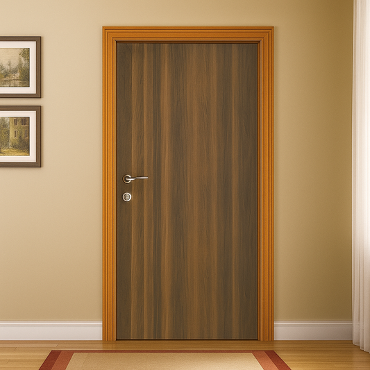 Wooden door with a wooden frame in a room with beige walls and a carpet.