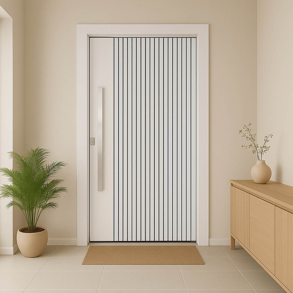 Modern interior door with vertical lines in a neutral-colored room with a plant and cabinet.