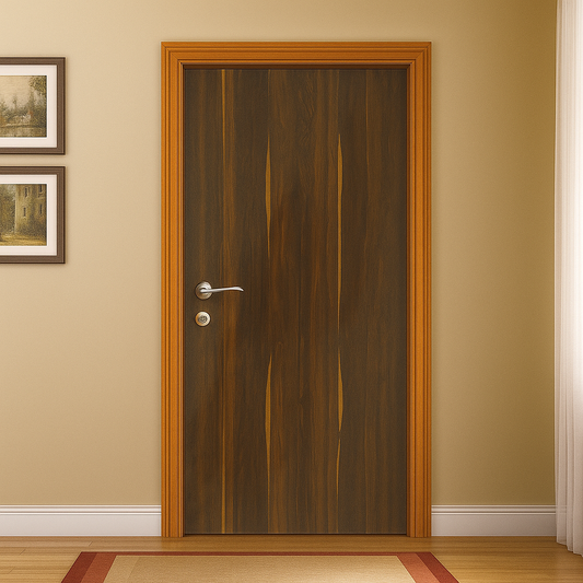 Wooden door with brown finish in a room with beige walls and a wooden floor.