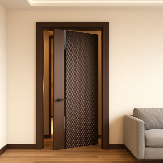 Modern interior door with textured design in a room with a gray sofa.