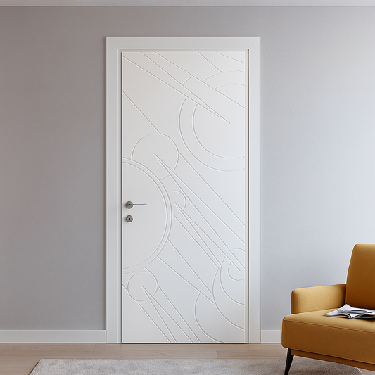 White door with decorative patterns in a room with a yellow chair and gray wall.