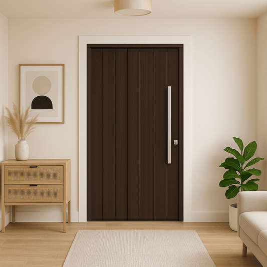 Custom Pivot Entry Door - Modern Vertical Panel Wood Design.