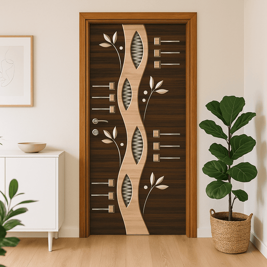 Designer Wooden Door with Wavy Center Panel and Metallic Inlays.