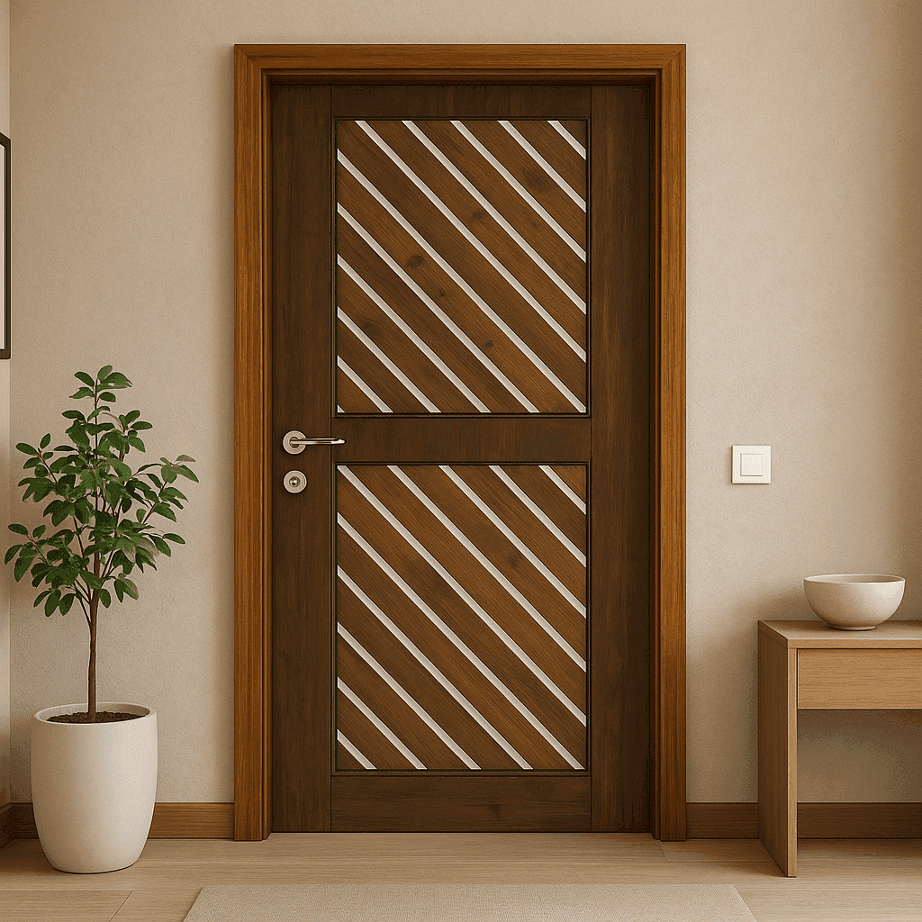 Diagonal Luxe Designer Door – Modern Wooden Door with Metallic Inlay.