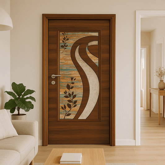 Elegant Decorative Wooden Door with Textured Panel & Floral Design – Modern Interior Door.