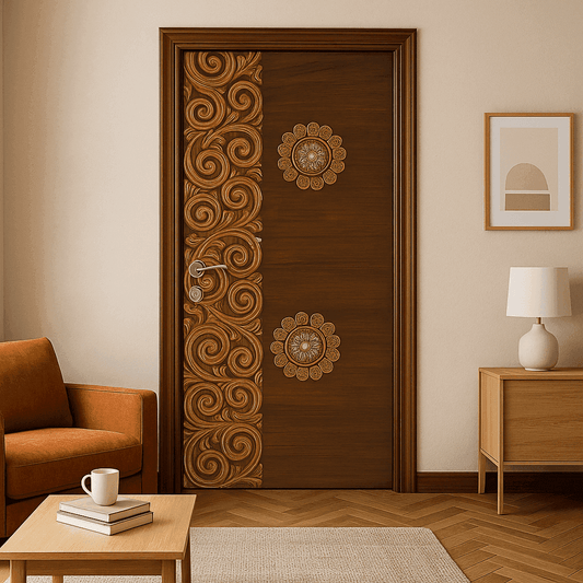 Floral Spiral Carved Door in Walnut Finish – Artistic Designer Door by TRESSA®.