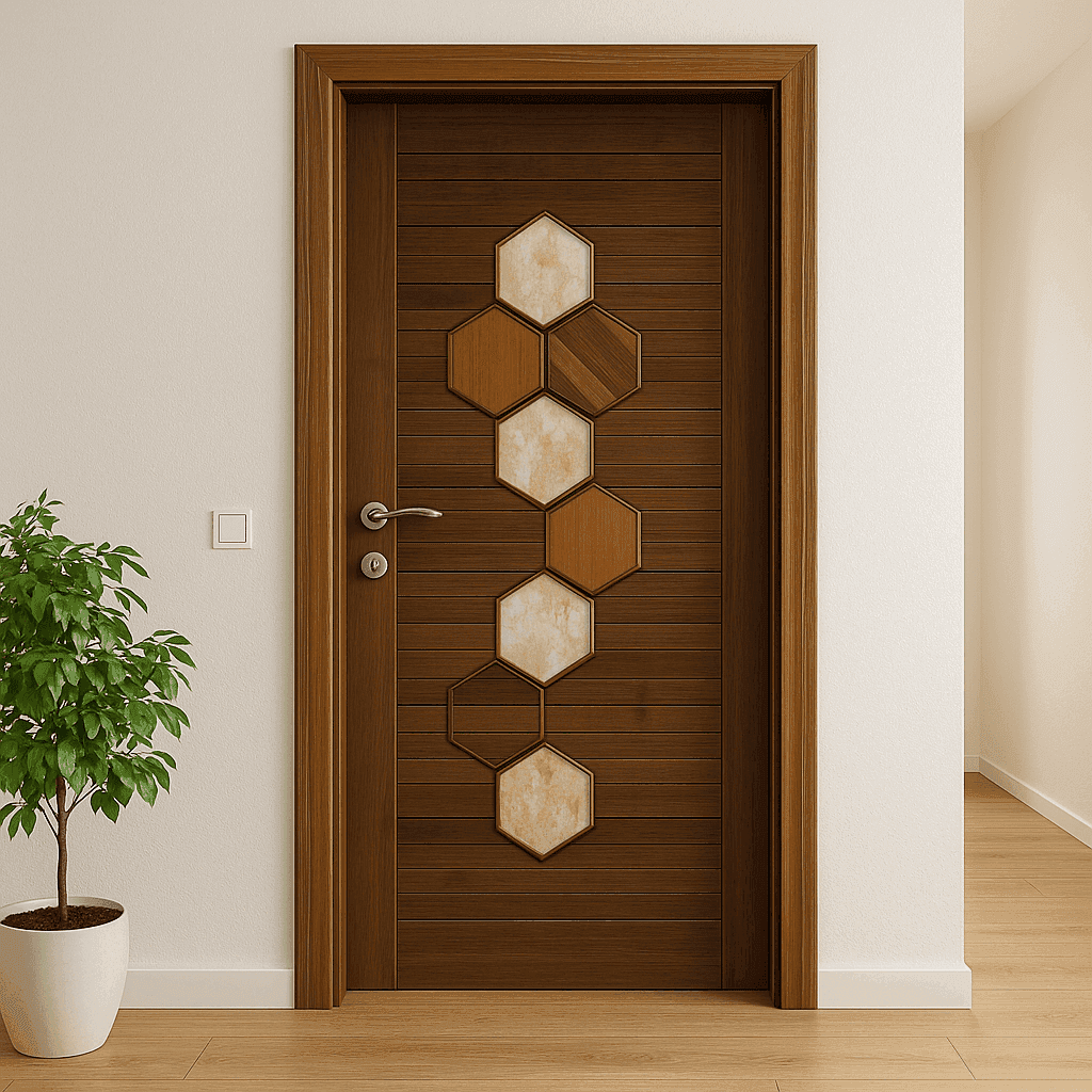 HexaWood Designer Flush Door – Modern Wooden Door with Geometric Hexagon Inlays.