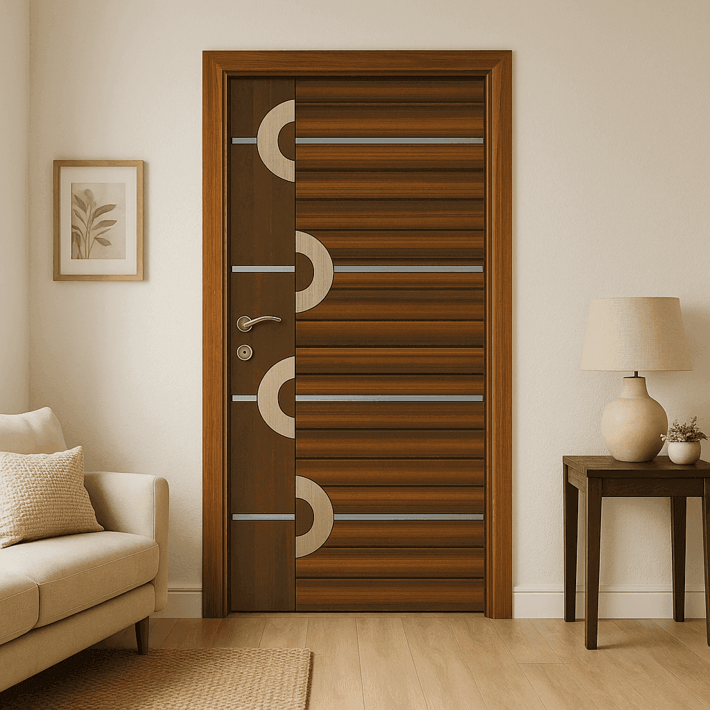 Modern Horizontal Panel Wooden Door with Circular Motif – Contemporary Interior Door.