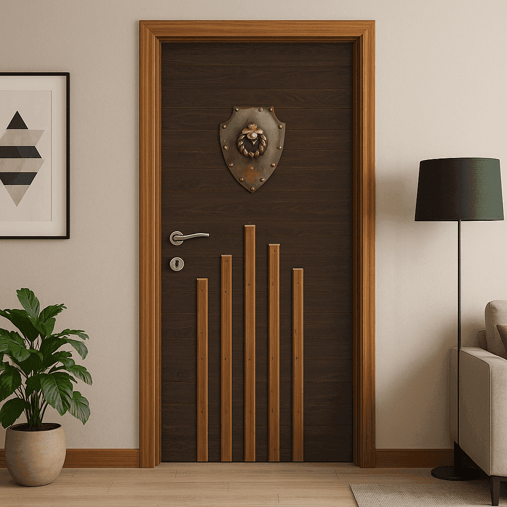 Royal Dark Wood Door with Vertical Beam Design & Metallic Shield – Designer Security Door by TRESSA®.