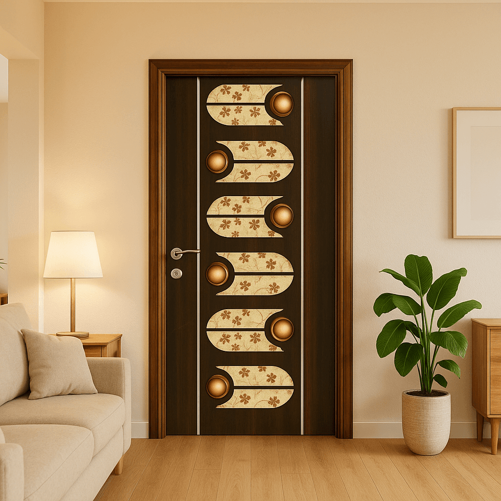 Tressa Designer Wooden Door – Floral Panel with Golden Accents.