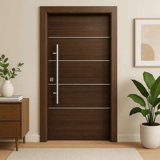 Tressa Modern Door - Dark Wood with Horizontal Metal Strips.