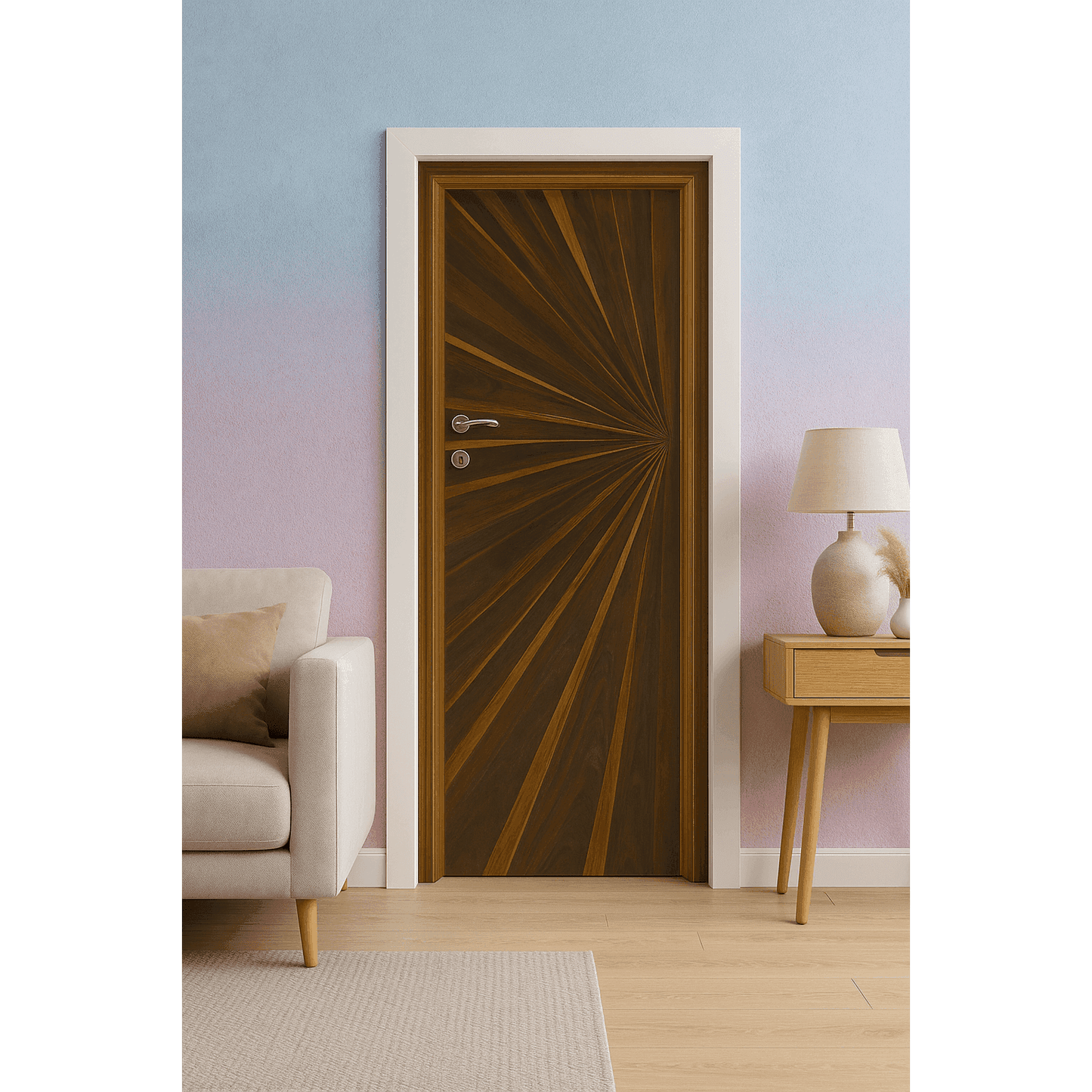 Tressa Radiant Burst Wooden Room Door| Sunbeam-Inspired Interior Door.