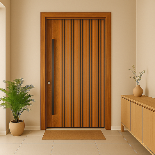 Wooden door with vertical slats in a room with a plant and sideboard.